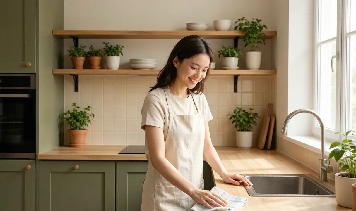 Woman using Handyluxe microfiber cloth in a modern kitchen